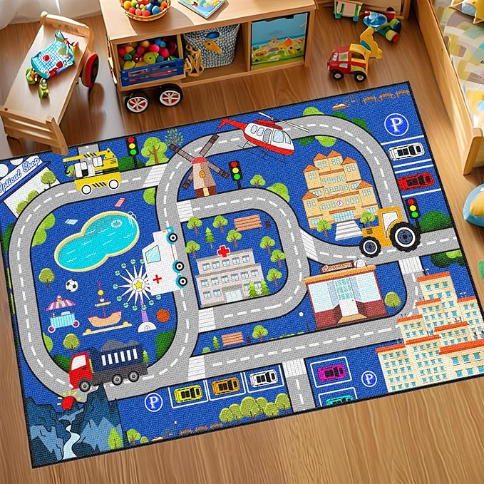 Car Rugs for Kids Toy Cars - Kids Carpet for Playroom Car Track Rug City Life Road Rug for Playroom Living Room Bedroom Classroom Decor, Blue, 2'5''×4'