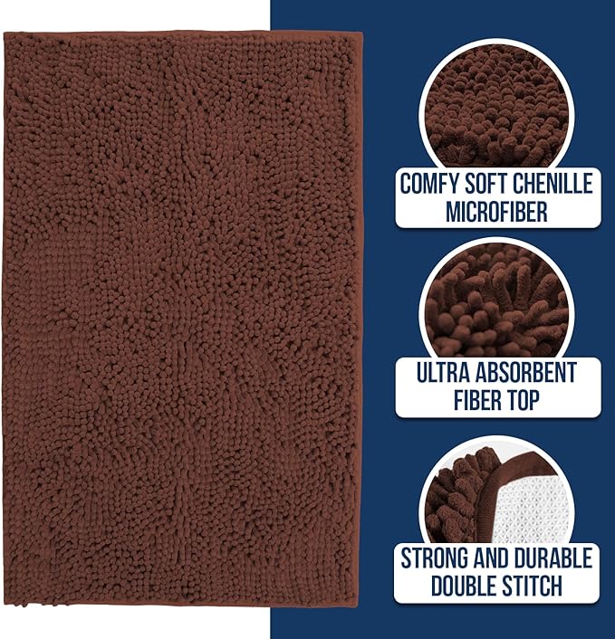 Muddy Mat Chenille Bathroom Rugs Quick Dry Microfiber Mats Non Slip Washable, Extra Thick, Soft and Highly Absorbent Bath Mats for Bathroom, Kitchen, and Shower Floor - Brown Large 35"X24"