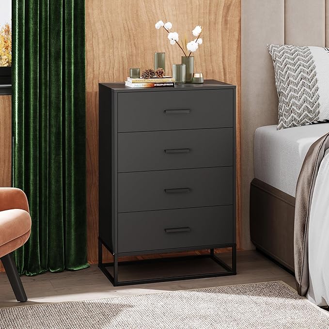 WLIVE Black Dresser for Bedroom with 4 Drawers, Tall Wood Dresser with Sturdy Metal Frame, Wooden Chest of Drawers for Hallway, Living Room, Closet