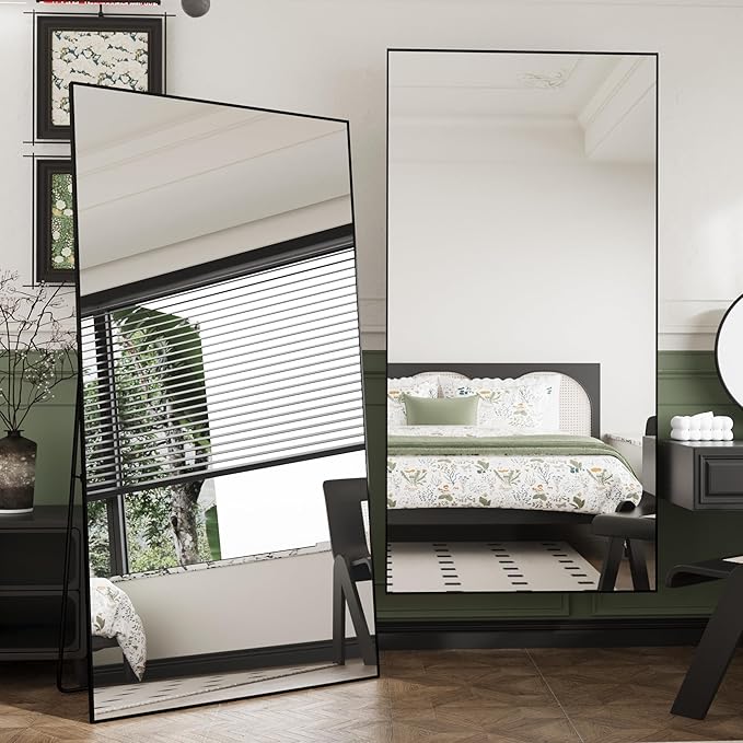 FANYUSHOW Full Length Mirror with Stand 65"x23.6",Floor Standing Aluminum Frame for Living Room,Tempered Glass Floor Mirror,Simple Home Decor,Wall Decor for Bedroom & Bathroom,Full Body Mirror,Black
