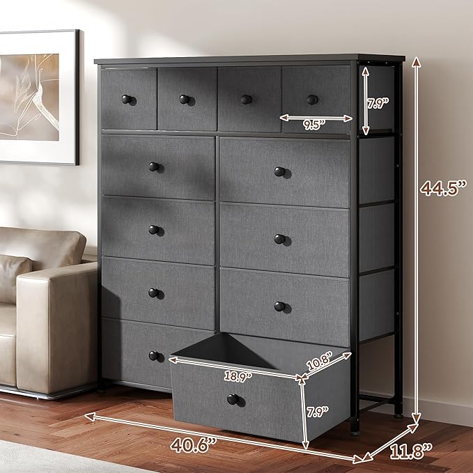 Dresser for Bedroom with 12 Drawers Tall Dressers for Bedroom Fabric Dressers & Chest of Drawers with Sturdy Metal Frame, Wood Top, for Woman, Closet, 40.6" W x 11.8" D x 44.5" H (Grey)