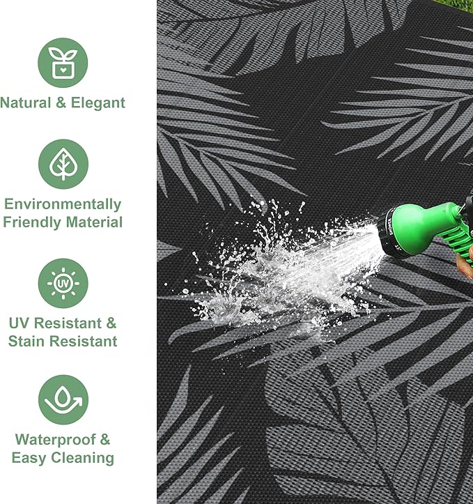 Outdoor Rug 9’x12’ Waterproof for Patio Clearance, Reversible Indoor Outdoor Plastic Straw Camping Rug Carpet, RV Mat, Large Area Rug for Deck, Backyard, Balcony, Porch, Beach, Black & Grey