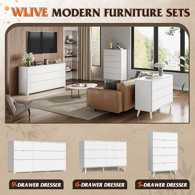 WLIVE 9 Drawer Dresser for Bedroom, 63" Wide White Drawers Large Wood Chest of Drawers Organize with Sturdy Metal Handle, Modern Dresser for TV Stand, Living Room Office, Hallway, Ball Bearing Slide