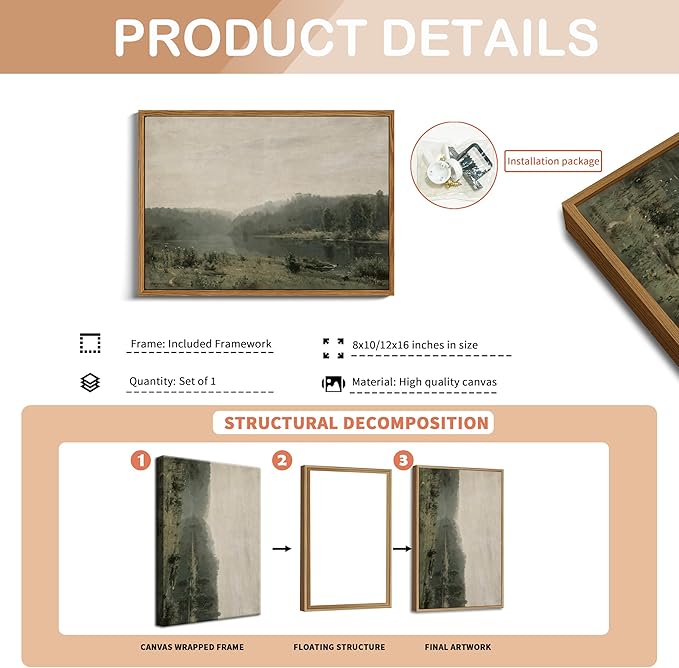 Floating Framed Canvas Wall Art, Vintage Wild Field Oil Painting Pictures Prints, Modern Farmhouse Natural landscape Wall Decor for Living Room Bedroom Dining Room Office Decor 12x16 inch