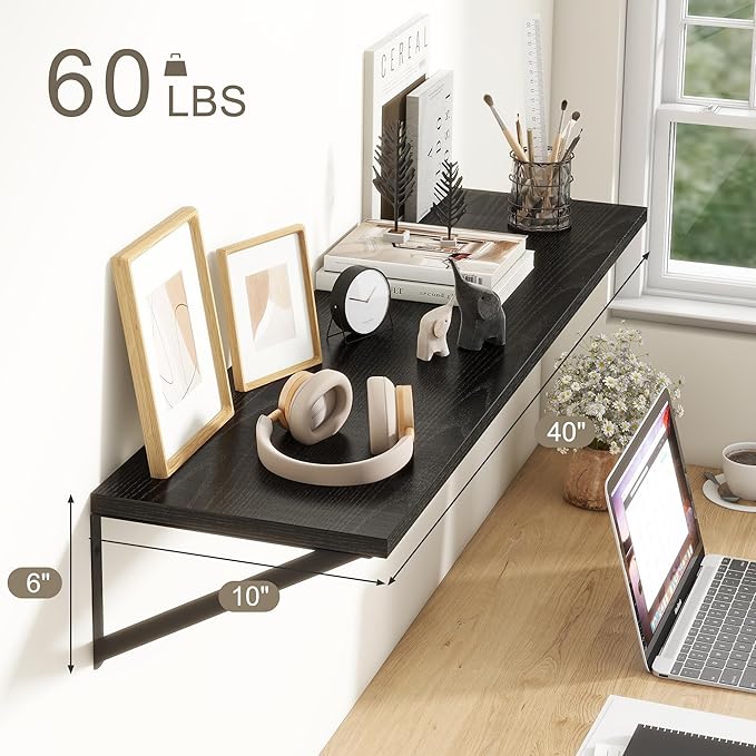 Fun Memories 40 Inch Floating Shelves, 10 Inch Deep Wall Shelf, 40 x 10 Floating Shelf Set of 2, Black Wood Floating Shelf Wall Mounted, Large Kitchen Living Room Bedroom Storage Shelves