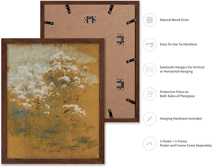 Poster Master Vintage Wild Flowers Poster - Retro Tonal Botanical Painting Print - Abstract Art - Floral Art - Farmhouse Art - Aesthetic Flower Shop or Living Room Wall Decor, 11x14 Brown Framed