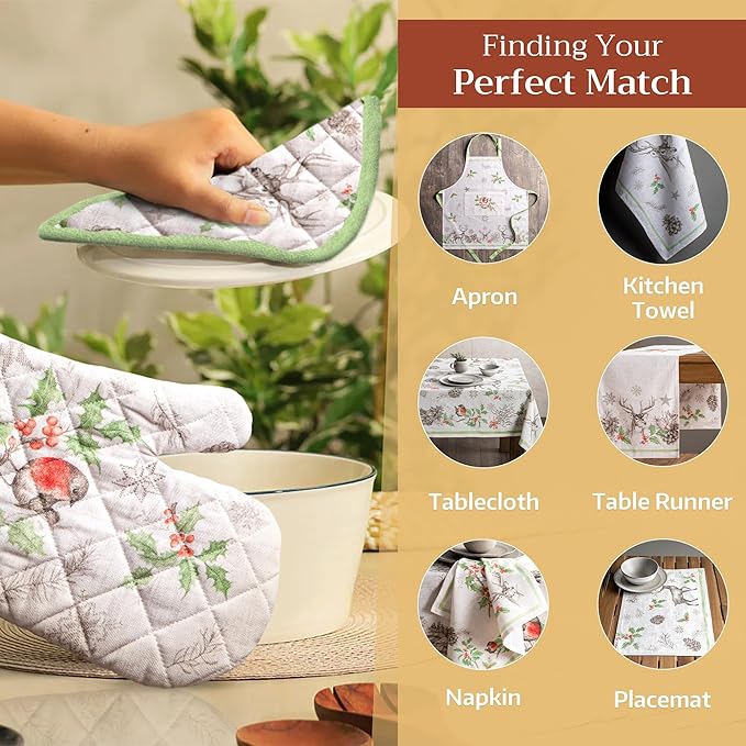 Maison d' Hermine Pot Holders 100% Cotton Heat Resistant Potholders 8" x 8" Hot Pads with Loop for Thanksgiving Christmas Decorations BBQ Cooking Baking Handling Hot Pans (Pack of 1, Christmas Dew)