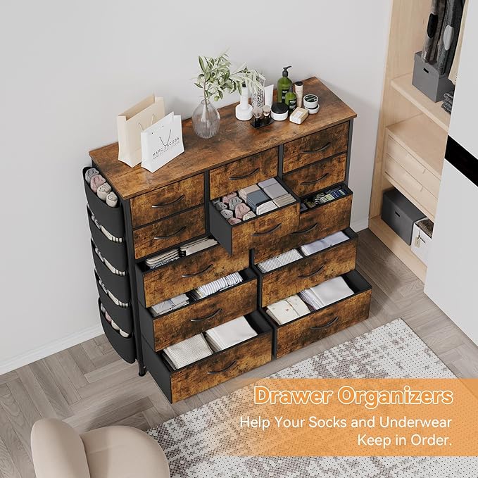 Dresser for Bedroom with 12 Drawers, Tall Dresser Chest of Drawers with 5 Side Pockets and Hooks, Wooden Top Fabric Dresser Storage Tower for Closet, Hallway, Living Room, Rustic Brown