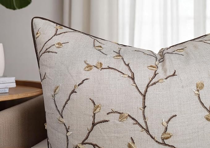 VAGMINE Embroidered Pussy Willow Throw Pillow Cover - 20x20 Inches Square - 100% Linen Natural Throw Pillowcase - Elegant Neutral Floral Design - Minimalist Rustic Home Accent for Sofa, Bed, Lounge