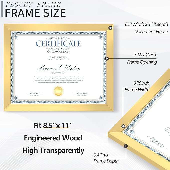 8.5x11 Picture Frame set of 15, Multi Certificate 8.5 by 11 Picture Frames Bulk, Document Diploma Award Frame for Wall Hanging or Tabletop Display, Gold