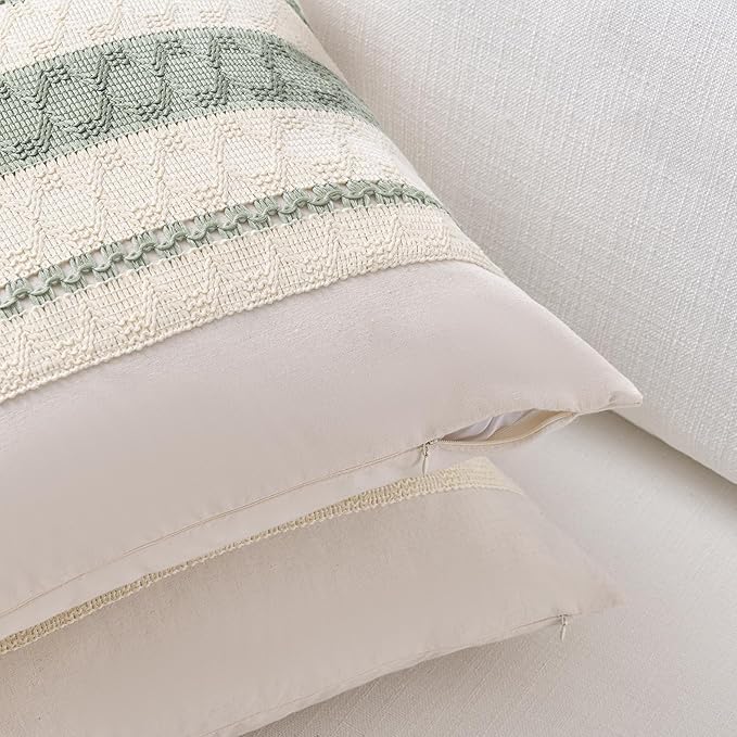 Fancy Homi Set of 2 Sage Green Boho Decorative Throw Pillow Covers 22x22 Inch for Living Room Bedroom Couch Bed Indoors, Rustic Retro Cushion Case 55x55 cm, Bohemian Room Home Decor