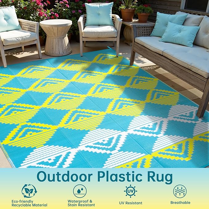 Beeiva Outdoor Rug Waterproof for Patio 6x9, Reversible Plastic Straw Mat for Camping, Modern Geometric Outside Rugs for Rv, Deck, Porch, Picnic, Beach, Balcony - Blue & Yellow