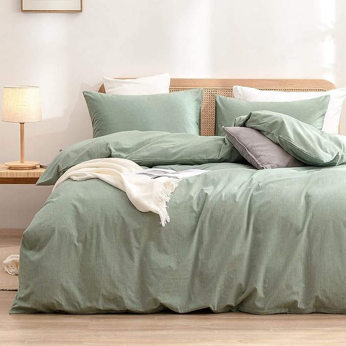 BESTOUCH Duvet Cover Set 100% Washed Cotton Linen Feel Super Soft Comfortable Chic Lightweight 3 PCs Home Bedding Set Solid Green Queen