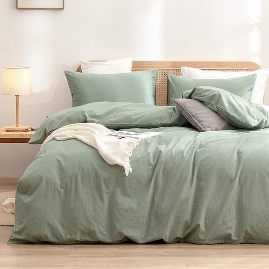 BESTOUCH Duvet Cover Set 100% Washed Cotton Linen Feel Super Soft Comfortable Chic Lightweight 3 PCs Home Bedding Set Solid Green Oversized Queen