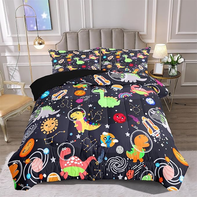 Dinosaur Bedding Set for Boys - 2Pcs Lovely Black Dinosaur Bedding Set for Bedroom Twin Size Cute Animal Patterns Kids Room Decor, 1 Quilt 1PillowCase