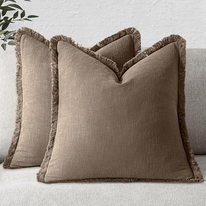 MIULEE Decorative Throw Pillow Covers Neutral Linen Fringe Throw Pillows Set of 2 Cocoa Brown Boho Farmhouse Cushion Covers for Couch Sofa Bed Living Room Spring Home Decor 20x20 Inch