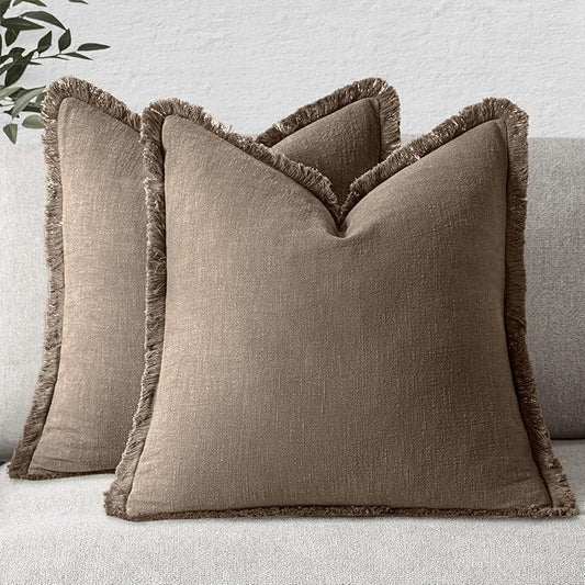 MIULEE Decorative Throw Pillow Covers Neutral Linen Fringe Throw Pillows Set of 2 Cocoa Brown Boho Farmhouse Cushion Covers for Couch Sofa Bed Living Room Spring Home Decor 22x22 Inch