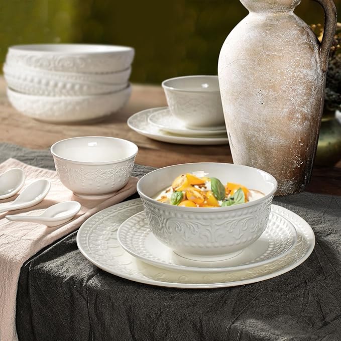 Cereal Bowls Set of 4 - Ceramic Soup Bowls for Kitchen 30 Oz Embossment White Breakfast Bowls for Rice, Pasta, Fruits, Salad, Ramen, 6.25 Inch, Dishwasher & Microwave Safe (Multiple Patterns)