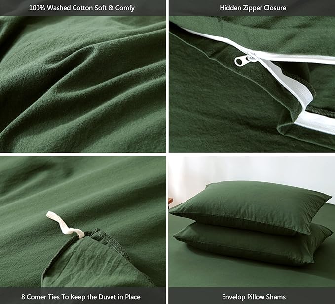 MooMee Bedding Duvet Cover Set 100% Washed Cotton Linen Like Textured Breathable Durable Soft Comfy (Solid Forest Green, Queen 90"x90")
