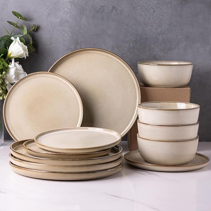 AmorArc Stoneware Dinnerware Sets,Round Reactive Glaze Plates and Bowls Set,Highly Scratch Resistant | Dishwasher & Microwave Safe Dishes Set,Service for 4 (12pc)