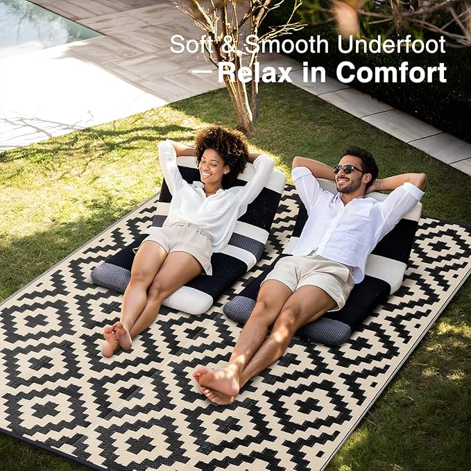 OLANLY Waterproof Outdoor Rug 8x10 ft, Outdoor Plastic Straw Rug for Camping, RV Mat Outside, Outdoor Carpet for Porch, Deck, Backyard, Balcony, Picnic, Black & Beige