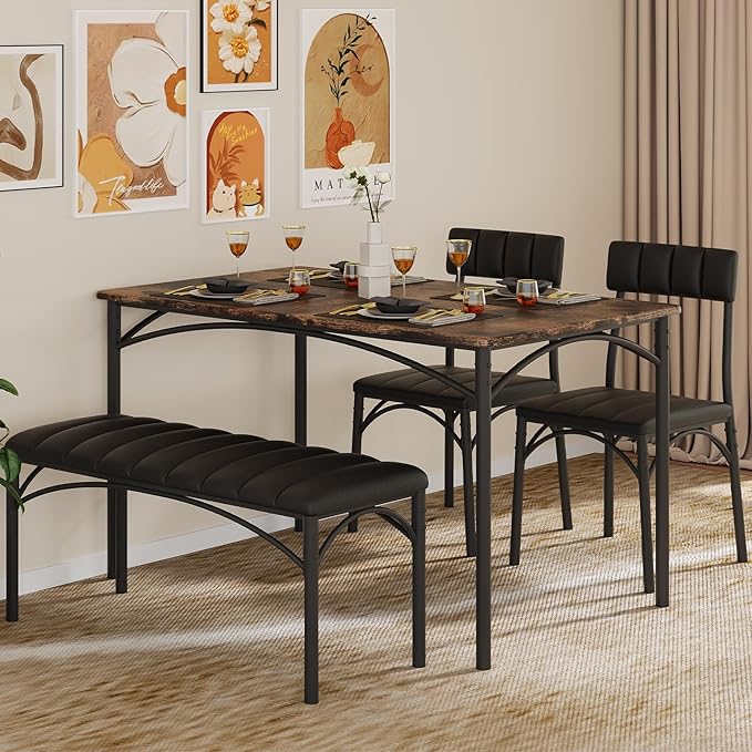 4 EVER WINNER Dining Table Set for 4, Kitchen Table with Upholstered Bench and 2 Chairs, Dining Room Set for Small Space, Apartment, Kitchen, Rustic Brown