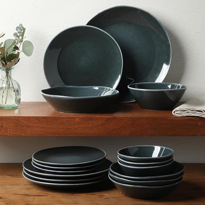 Bloomhouse Montecito Breeze 16 Piece (Service for 4) Double Plates and Bowls Stoneware Reactive Glaze Dinnerware Set - Laguna Dawn
