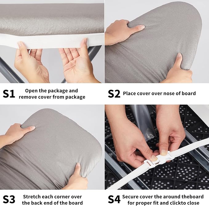 BNDX Heavy Duty Ironing Board Cover - Silicone Coating Scorch Resistant Padding,Extra Thick Padded 4 Layers, 2" Elastic Edge, 2 Click Buckles for Smooth Iron, Cinder 15x54