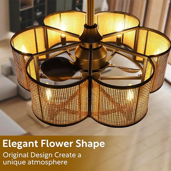 Ceiling Fans with 6-Bulb Lights and Remote, Flower Shaped Ceiling Light with 6 Adjustable Speed and for Bedroom, Kitchen and Living Room, Rattan Shade