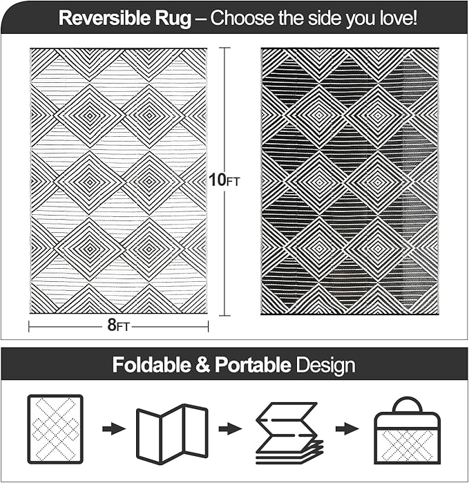 Waterproof Outdoor Rug 8x10ft, Foldable Reversible Plastic Straw Mat for Patio RV Deck Porch Backyard Balcony Camping Picnic Beach Indoor Outdoor Carpet, Black&White