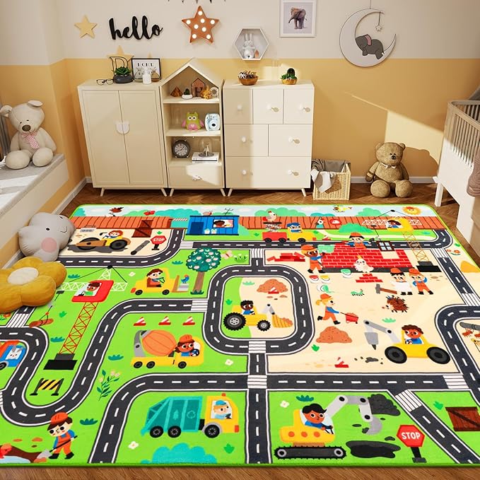 Kids Rug Play Mat for Toy Cars, 78.7"×59" Construction Site Road Traffic for Playroom Kids City Engineering Car Road Play Mat Non-Slip Washable Carpet Toddlers Boys Room Family Playtime