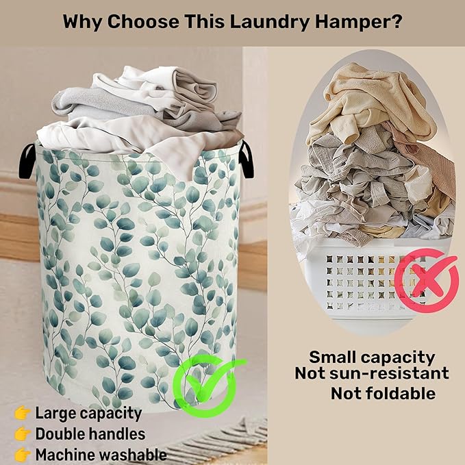 Sage Green Plant Large Clothes Hamper Bag - Laundry Basket with Handles, Space Saving Foldable Design for Nursery
