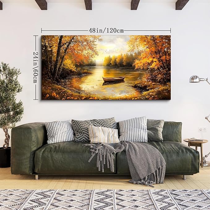 SERIMINO Fall Landscape Large Canvas Wall Art Living Room, Lake Boat Forest Art Prints, Autumn Scenery Nature Decor Pictures, Rustic Gold Paintings Wall Decor Bedroom, Office Decoration 24"X48"
