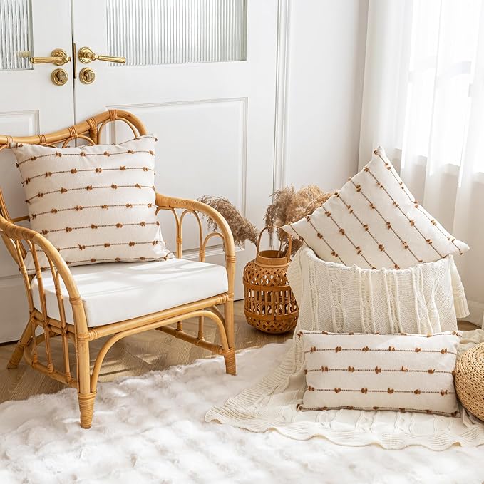Boho Throw Pillow Covers 22x22 Set of 2 Modern Farmhouse Decorative Cushion Case Tufted Square Pillows Cover Neutral Pillow Cases Accent Pillowcase for Sofa,Couch,Bed,Beige and Brown