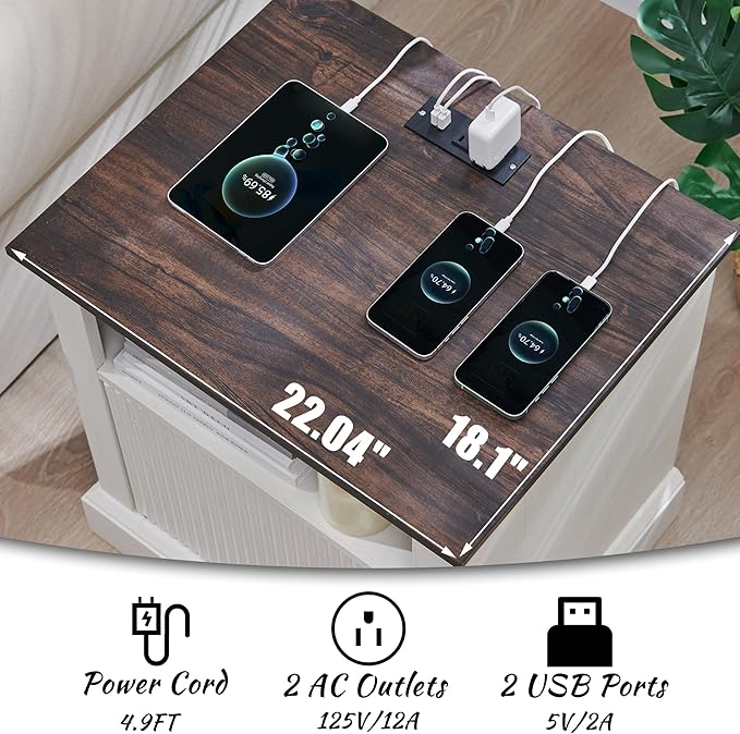 Fluted Nightstand with Charging Station, 22" Large Modern Side Table, Wood End Table w/Open Shelf & Spacious Tabletop, Bedside Table with Storage Space for Bedroom, Living Room (White)