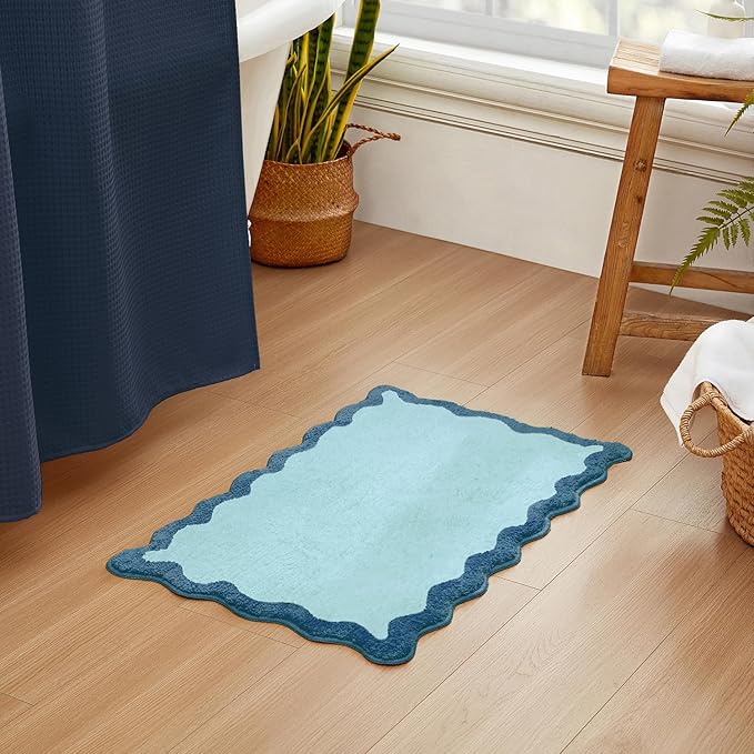 MONDAY MOOSE Bath Mat with Scalloped Wavy Ripple Design, Microfiber Absorbent Non Slip Tufted Rug for Floor, Shower or Kitchen (20x32 inch, Blue)