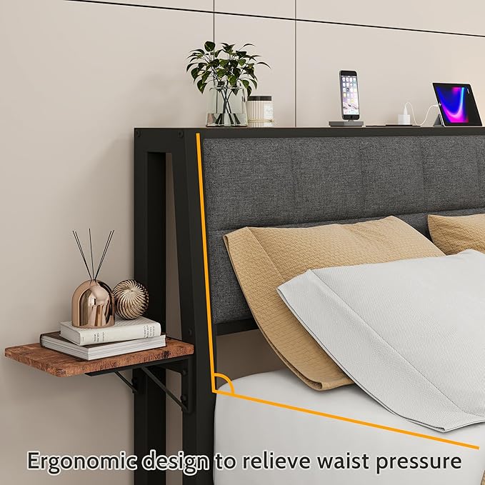 Full Size Metal Bed Frame with Ergonomic Upholstered Headboard and Charging Station, Platform Bed Frame with Storage Shelves, Heavy Duty Metal Slats, No Box Spring Needed, Brown+Grey