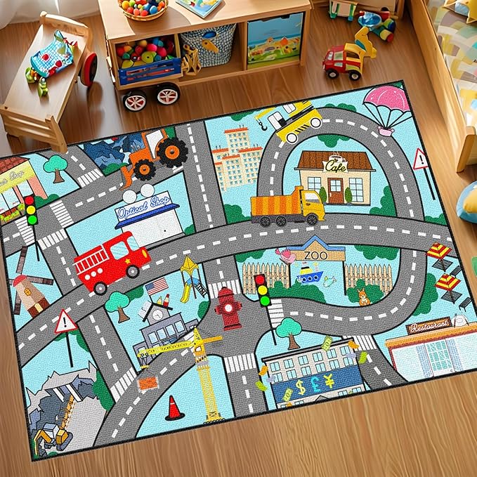 Car Mat for Kids Toy Cars - Car Track Rug Car Carpet for Kids Play Mat City Life Road Rug for Playroom Living Room Bedroom Classroom, 3'×5'