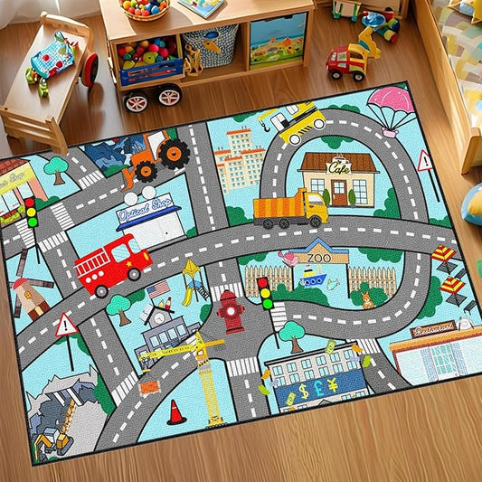 Car Mat for Kids Toy Cars - Car Track Rug Car Carpet for Kids Play Mat City Life Road Rug for Playroom Living Room Bedroom Classroom, 3'×5'