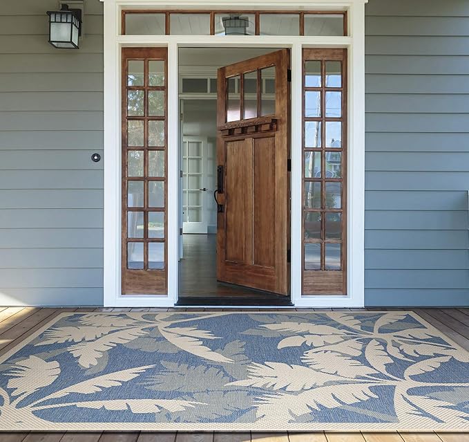 Couristan Monaco Indoor Outdoor Area Rug – Coastal Flora 8'6" x 13' in Ivory Sapphire – Flatwoven, Hose Washable, Pet Friendly Rug for Patio, Porch and Home Decor
