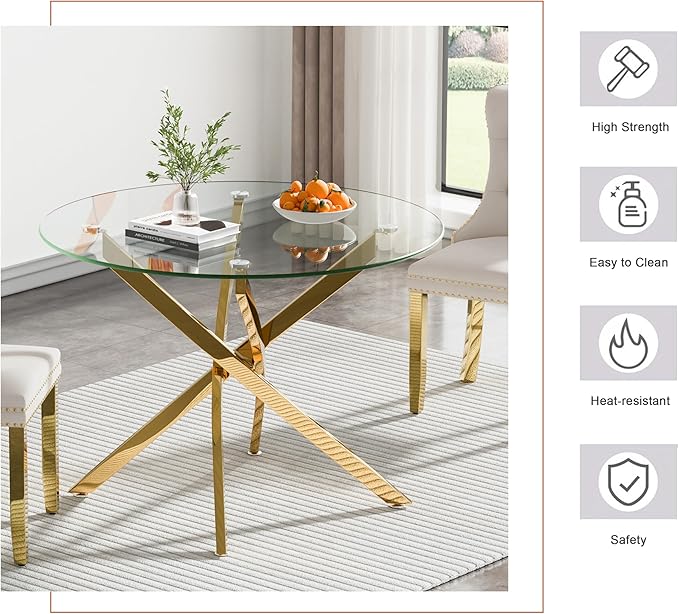 Goujxcy Small Round Dining Table Set for 4, Modern Glass Kitchen Table Chairs Set of 4, 5-Piece Dining Table Set w/36 Circle Gold Glass Dining Room Table and 4 Green Upholstered Dining Chairs