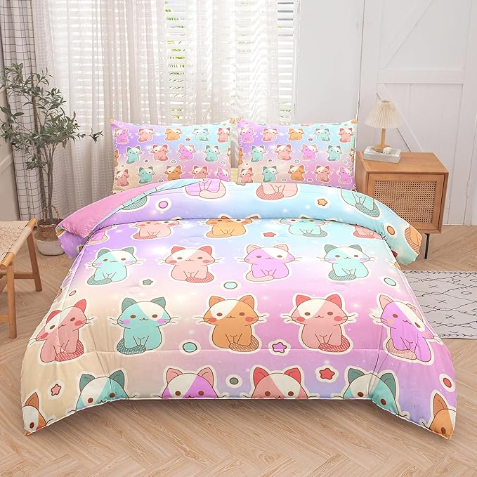 Tailor Shop Cat Girls Comforter Sets Queen Size,Cat Bedding Sets for Girls Kids Teens with 1 Pillowcase……