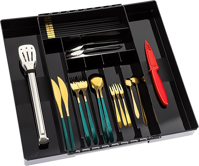 IEEK Kitchen Drawer Organizer for Cutlery and Utensils,Adjustable Silverware Drawer Organizer Tray,Kitchen Storage Divider for Spatula Tools,Gadgets,Forks,Knives,Spoons and Chopsticks,Black-L