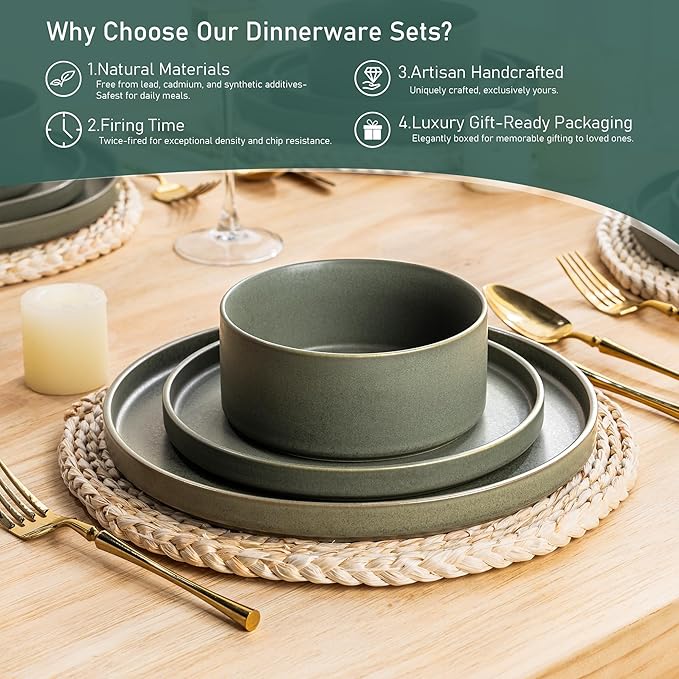 GBhome Ceramic Dinnerware Sets for 6, Matte Stoneware Plates and Bowls Sets,Chip and Scratch Resistant Dishes, Dishwasher & Microwave Safe, Oven safe,Reactive Glaze-Green