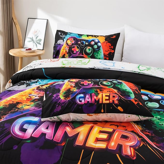 NTBED Game Console Comforter Set for Boys Girls Kids Tie Dye GamingLightweight Microfiber Gamer Bedding Sets (Multi, Queen 5Pcs)