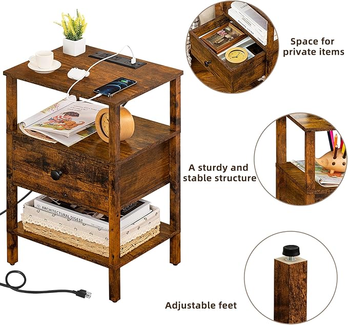 Lerliuo Nightstand with Charging Station and USB Ports, 3-Tier Storage End Table with Drawer Shelf, Night Stand for Small Spaces, Wood Bedside Table for Living Room, Bedroom - Retro Brown…