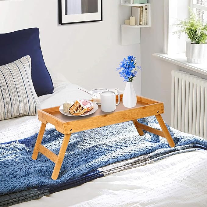 Bamboo Bed Tray Table with Foldable Legs, Breakfast in Bed Tray for Kitchen Serving Tray, Eating, Working, Drawing Tray (2 Pack, Bamboo)