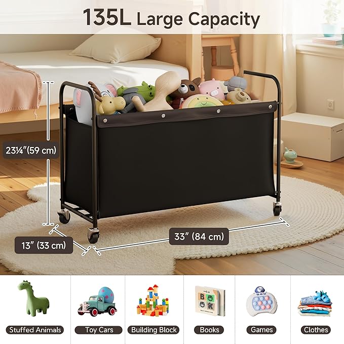 StorageWorks Toy Chest Storage with Wheels, Extra Large Kids Toy Box, Toy Storage Organizer, Metal Toybox for Bedroom, Living Room Area, Kids Room, 135L, Black