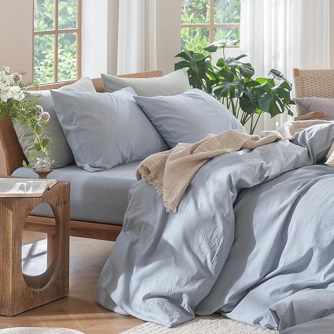 MooMee Bedding Duvet Cover Set 100% Washed Cotton Linen Like Textured Breathable Durable Soft Comfy (Heathered Cornflower Blue, Oversized Queen 98"x98")