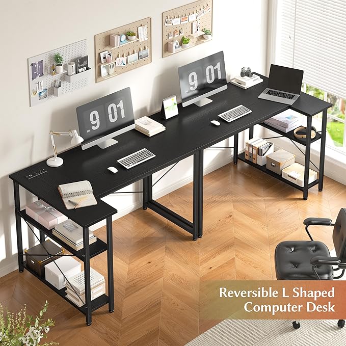 EnHomee 48 Inch L Shaped Gaming Desk, Computer Desk with Storage Shelves & Side Bag, Office Desk with Power Outlets, Small Corner Desk for Small Space Home Office Bedroom, Study Writing Table, Black